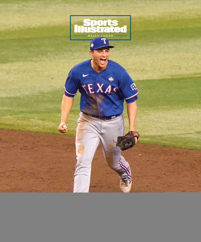 Corey Seager celebrating the Rangers’ World Series win.